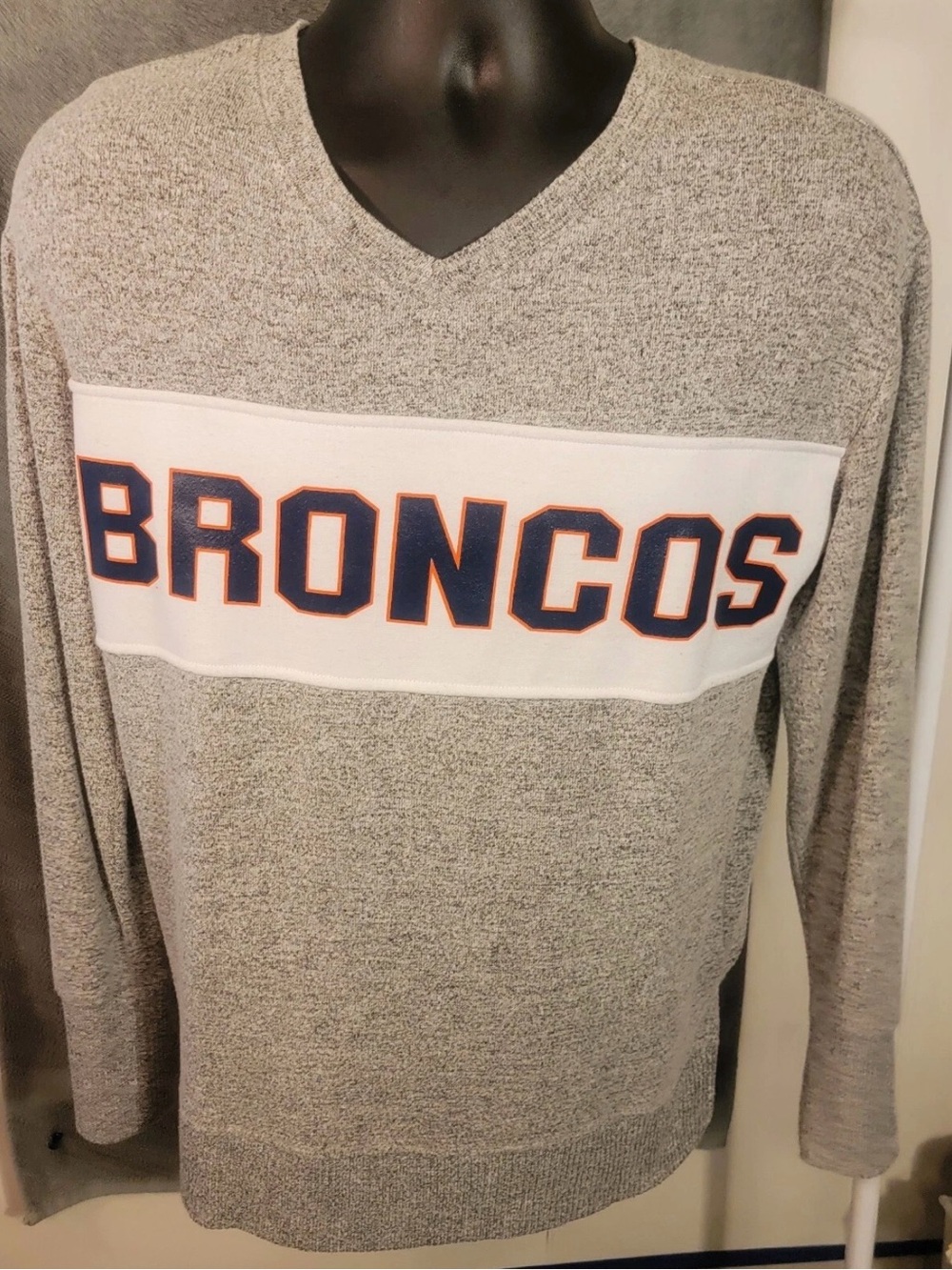 NFL Gray V-Neck Broncos Pullover Sweater with White Chest Panel